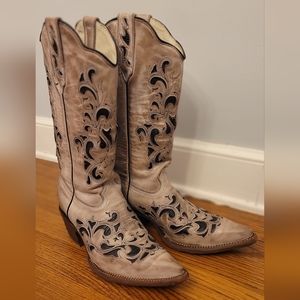 J.B. Dillon Tan Western Heeled Boots with Black Inlay